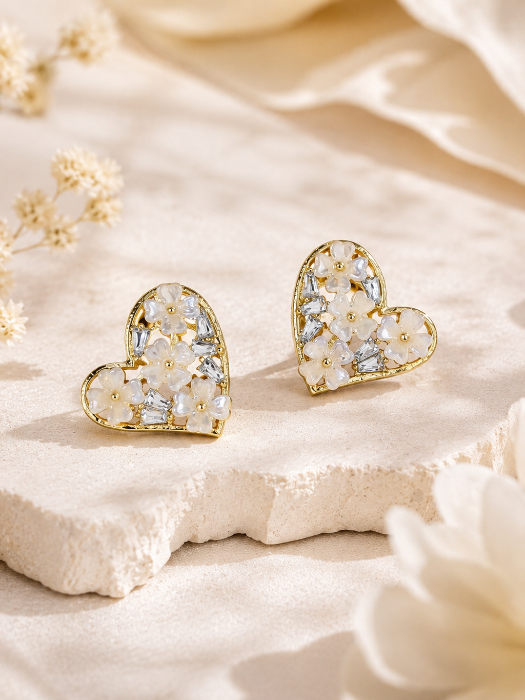 Blossom Heart Floral Crystal Stud Earrings
