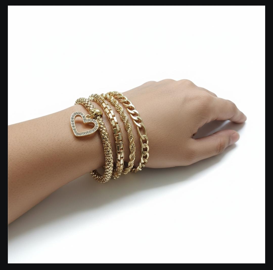 Elegant Layered Gold Plated Bracelet set with Heart Charm