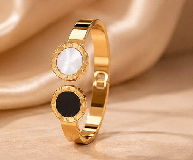 Gold Plated Dual Stone Roman Dial Cuff Bracelet