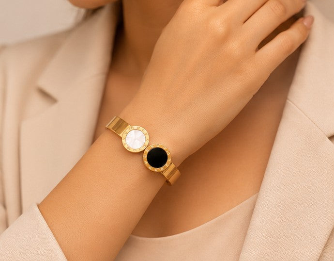 Gold Plated Dual Stone Roman Dial Cuff Bracelet