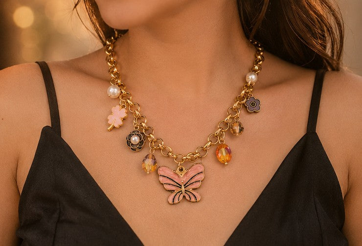 Gold plated Butterfly Charm Statement Necklace