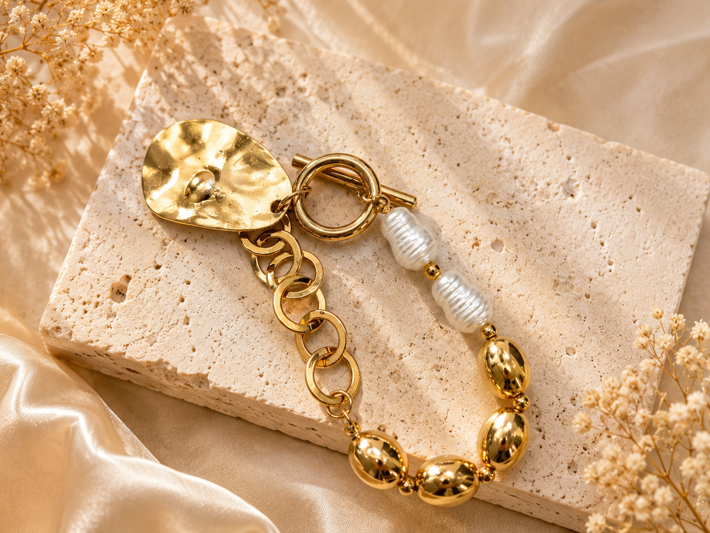 Pearl Link Statement Bracelet with radiant faux pearls and bold gold links