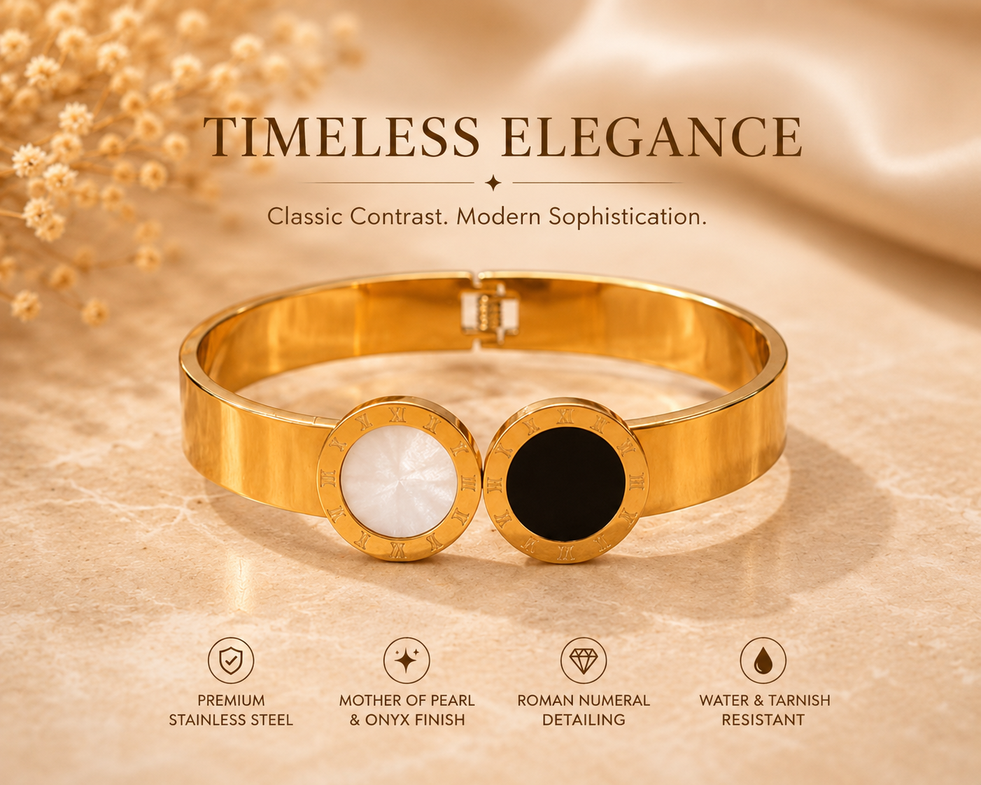 Gold Plated Dual Stone Roman Dial Cuff Bracelet
