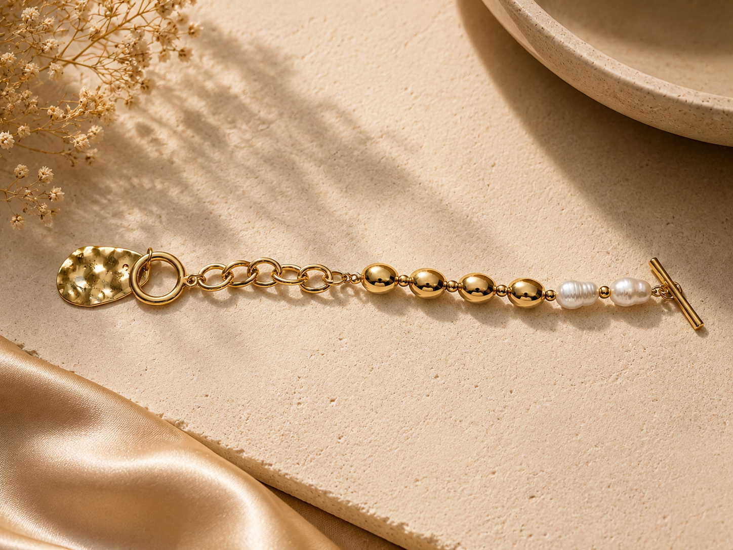 Pearl Link Statement Bracelet with radiant faux pearls and bold gold links