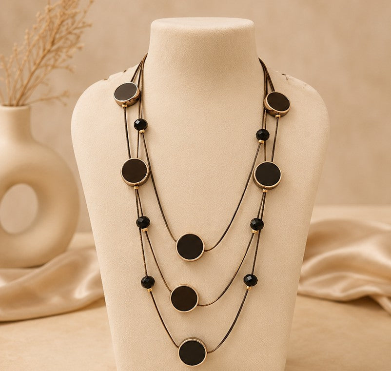Layered Black Disc Statement Necklace
