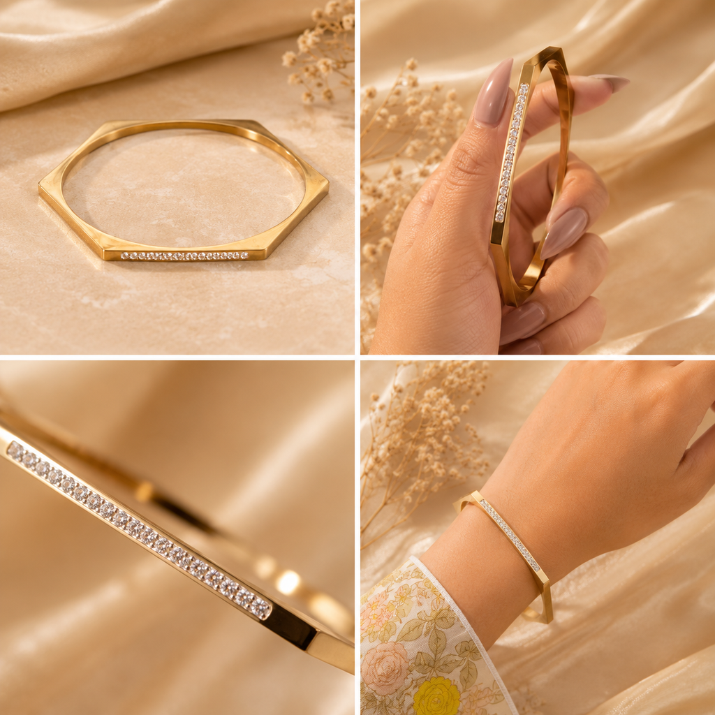 Hexagon shape Gold plated Bracelet with ZC