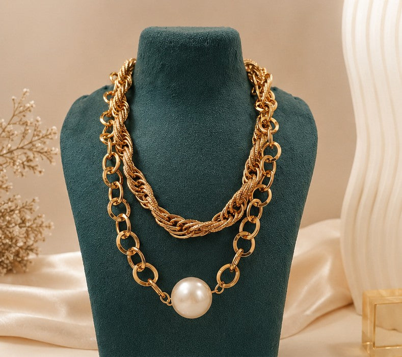 Gold plated Layered Pearl Chain Necklace