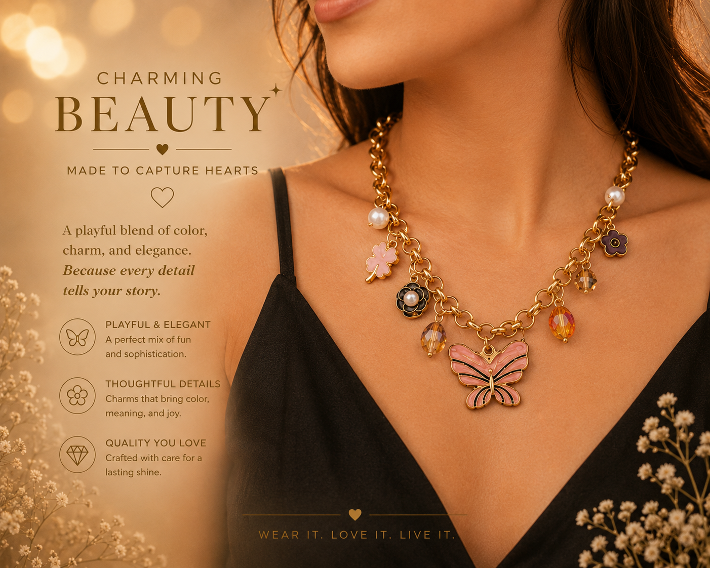 Gold plated Butterfly Charm Statement Necklace